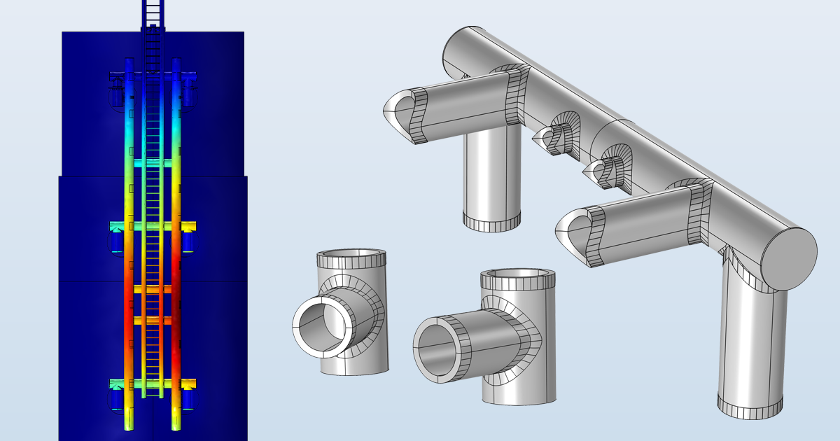 A 3D plot showing the simulation results of the strain in a boat landing design at left, with designs of custom bucket support and fender support assembly parts at right.
